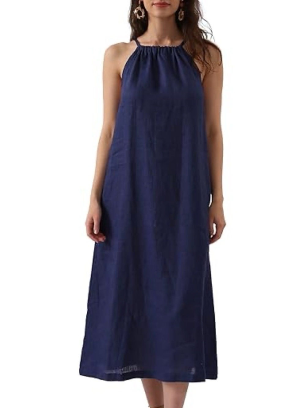Amazhiyu XXL 100% linen blue round tie neck pockets maxi dress coastal vacation